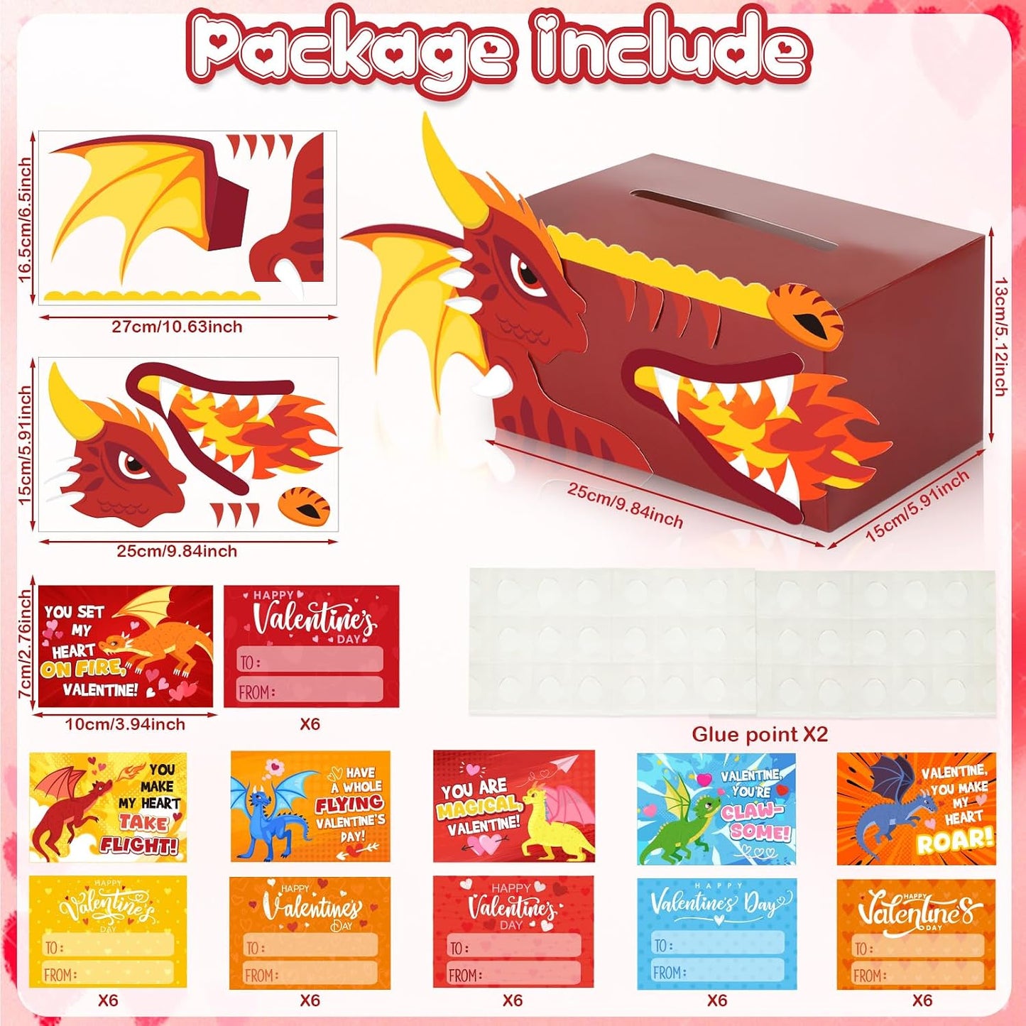 Valentines DIY Boxes for Kids with 36 Greeting Cards Valentine's Day Mailbox Cards for Girls Boys Classroom Exchange Gifts School Class Classroom Birthday Party Supplies(Dragon)