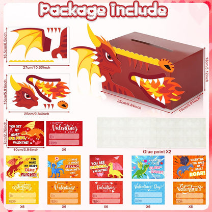 Valentines DIY Boxes for Kids with 36 Greeting Cards Valentine's Day Mailbox Cards for Girls Boys Classroom Exchange Gifts School Class Classroom Birthday Party Supplies(Dragon)