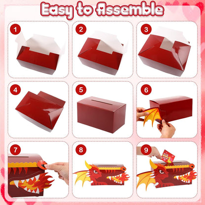 Valentines DIY Boxes for Kids with 36 Greeting Cards Valentine's Day Mailbox Cards for Girls Boys Classroom Exchange Gifts School Class Classroom Birthday Party Supplies(Dragon)