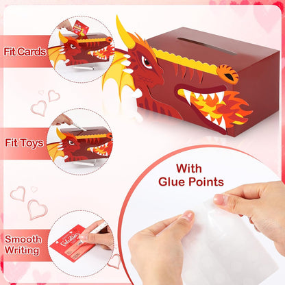 Valentines DIY Boxes for Kids with 36 Greeting Cards Valentine's Day Mailbox Cards for Girls Boys Classroom Exchange Gifts School Class Classroom Birthday Party Supplies(Dragon)