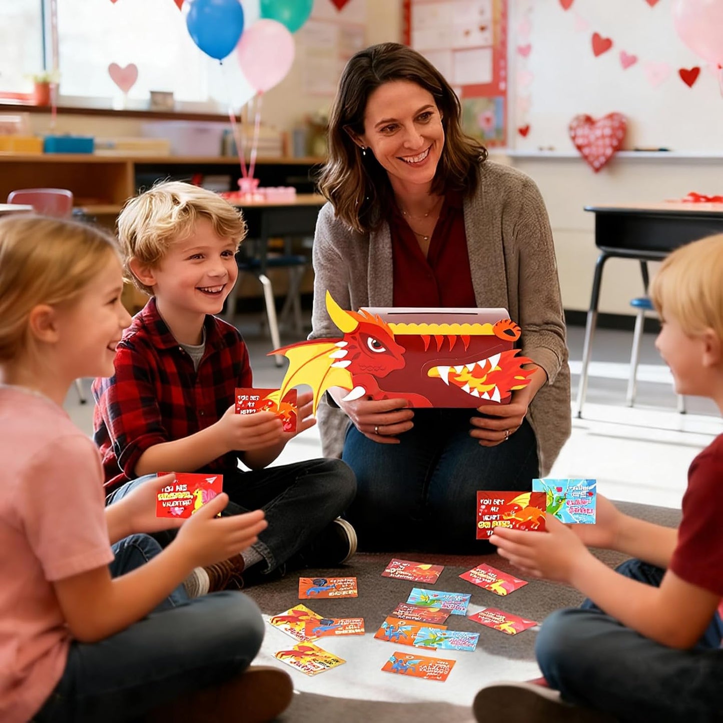 Valentines DIY Boxes for Kids with 36 Greeting Cards Valentine's Day Mailbox Cards for Girls Boys Classroom Exchange Gifts School Class Classroom Birthday Party Supplies(Dragon)