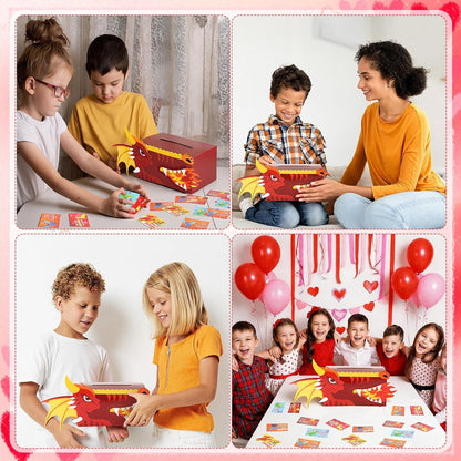 Valentines DIY Boxes for Kids with 36 Greeting Cards Valentine's Day Mailbox Cards for Girls Boys Classroom Exchange Gifts School Class Classroom Birthday Party Supplies(Dragon)
