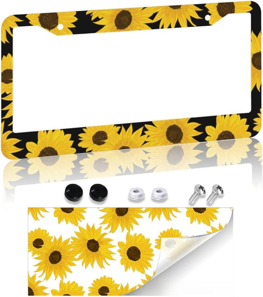 Sunflower License Plate Frame Yellow Sunflowers License Plate Frame 2 Hole Aluminum Car Accessory 12.3 X 6.3Inch Car Sticker Gift for Men Women