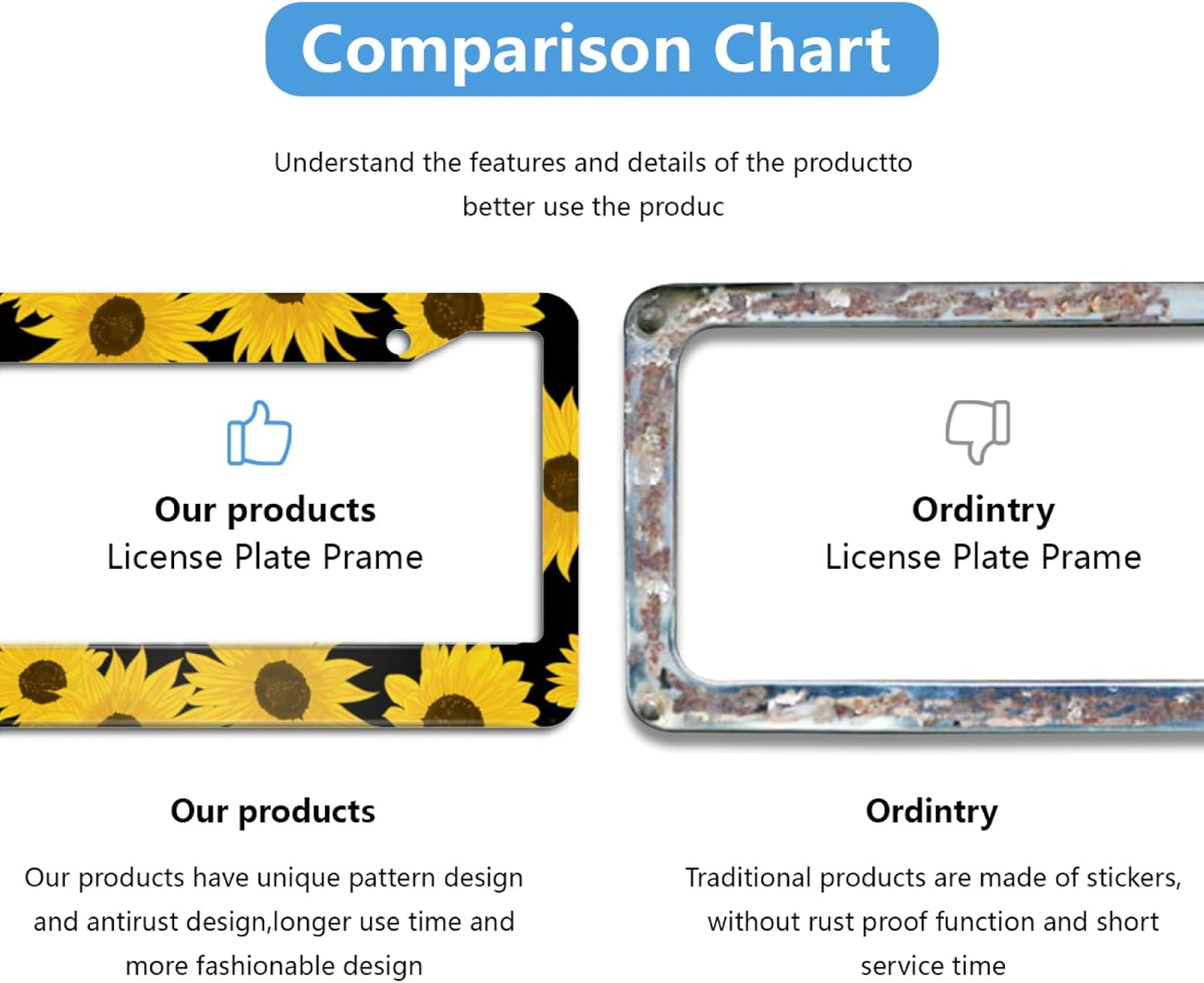 Sunflower License Plate Frame Yellow Sunflowers License Plate Frame 2 Hole Aluminum Car Accessory 12.3 X 6.3Inch Car Sticker Gift for Men Women