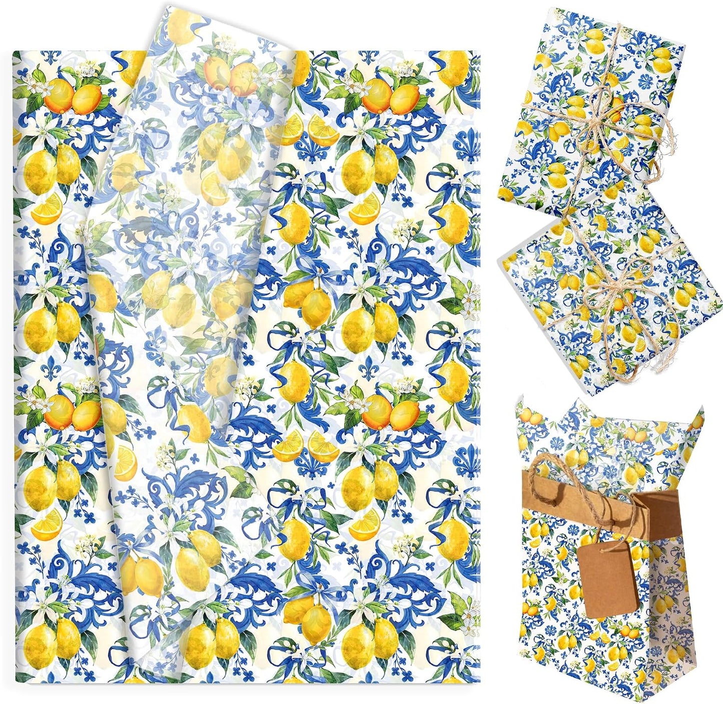 50 Sheets Capri Lemon Tissue Paper, Blue Mediterranean Tile Gift Wrap 14x20 | Yellow Lemon Printed Wrapping Paper for Birthday Baby Shower Wedding Summer Party Gift Bags Boutique Packaging and DIY Crafts