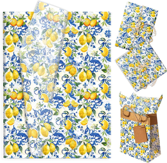 50 Sheets Capri Lemon Tissue Paper, Blue Mediterranean Tile Gift Wrap 14x20 | Yellow Lemon Printed Wrapping Paper for Birthday Baby Shower Wedding Summer Party Gift Bags Boutique Packaging and DIY Crafts