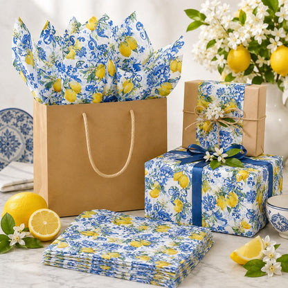 50 Sheets Capri Lemon Tissue Paper, Blue Mediterranean Tile Gift Wrap 14x20 | Yellow Lemon Printed Wrapping Paper for Birthday Baby Shower Wedding Summer Party Gift Bags Boutique Packaging and DIY Crafts