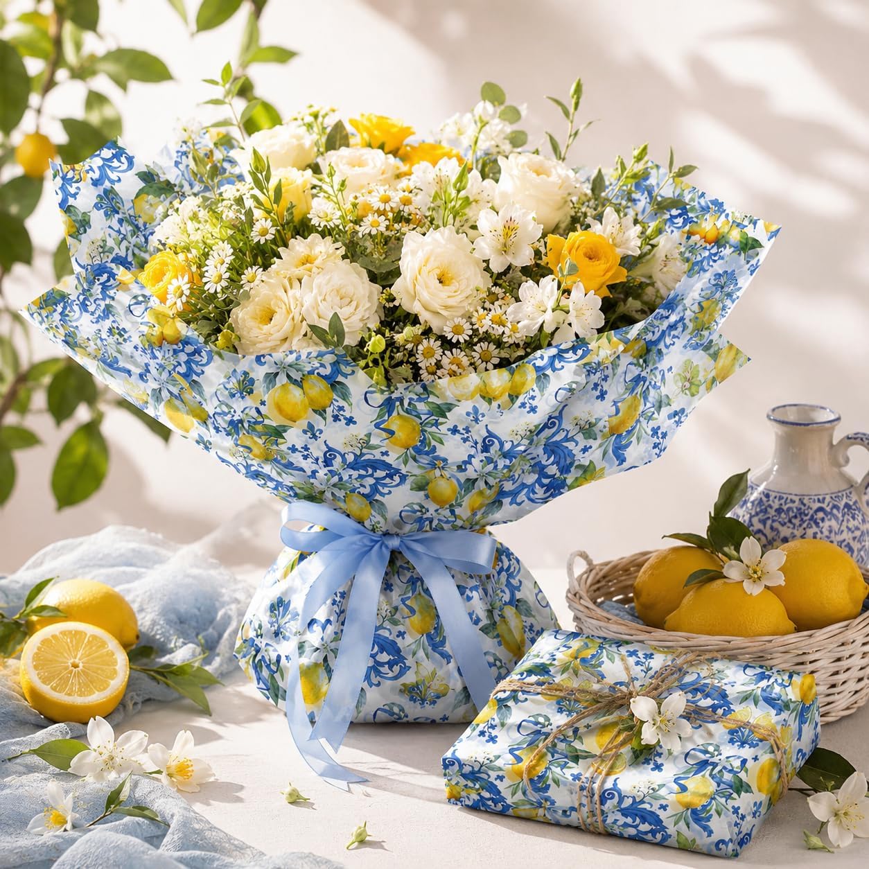 50 Sheets Capri Lemon Tissue Paper, Blue Mediterranean Tile Gift Wrap 14x20 | Yellow Lemon Printed Wrapping Paper for Birthday Baby Shower Wedding Summer Party Gift Bags Boutique Packaging and DIY Crafts