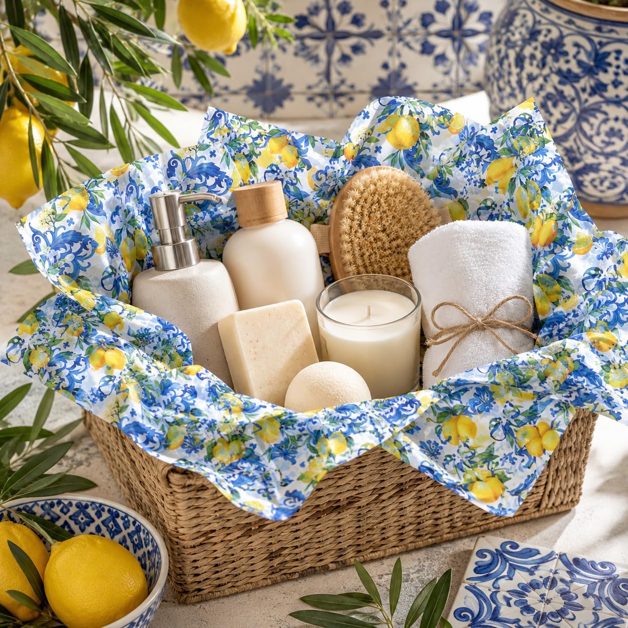 50 Sheets Capri Lemon Tissue Paper, Blue Mediterranean Tile Gift Wrap 14x20 | Yellow Lemon Printed Wrapping Paper for Birthday Baby Shower Wedding Summer Party Gift Bags Boutique Packaging and DIY Crafts