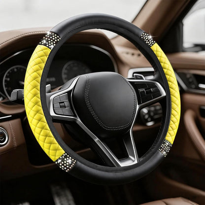 Bling Soft Leather Steering Wheel Cover, Steering Wheel Protector, 15 Inch Rhinestones Car Elastic Protector with Crystal Diamond for Women Girls, Car Accessory for Vehicles (Yellow)