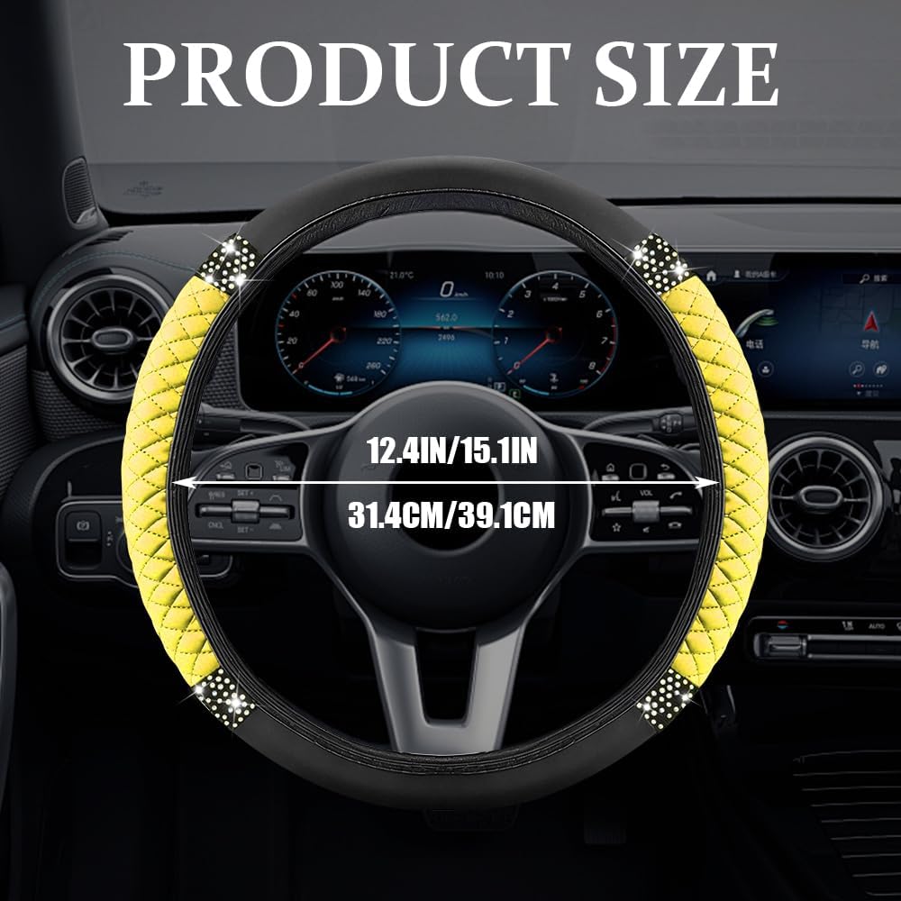 Bling Soft Leather Steering Wheel Cover, Steering Wheel Protector, 15 Inch Rhinestones Car Elastic Protector with Crystal Diamond for Women Girls, Car Accessory for Vehicles (Yellow)
