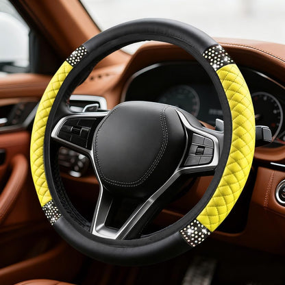 Bling Soft Leather Steering Wheel Cover, Steering Wheel Protector, 15 Inch Rhinestones Car Elastic Protector with Crystal Diamond for Women Girls, Car Accessory for Vehicles (Yellow)