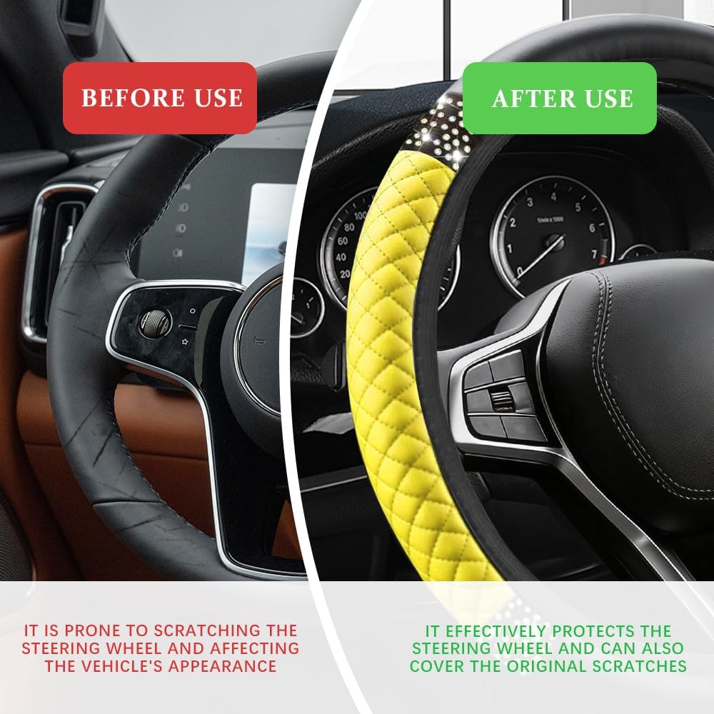 Bling Soft Leather Steering Wheel Cover, Steering Wheel Protector, 15 Inch Rhinestones Car Elastic Protector with Crystal Diamond for Women Girls, Car Accessory for Vehicles (Yellow)