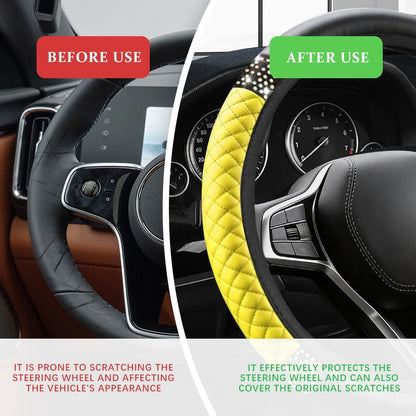 Bling Soft Leather Steering Wheel Cover, Steering Wheel Protector, 15 Inch Rhinestones Car Elastic Protector with Crystal Diamond for Women Girls, Car Accessory for Vehicles (Yellow)