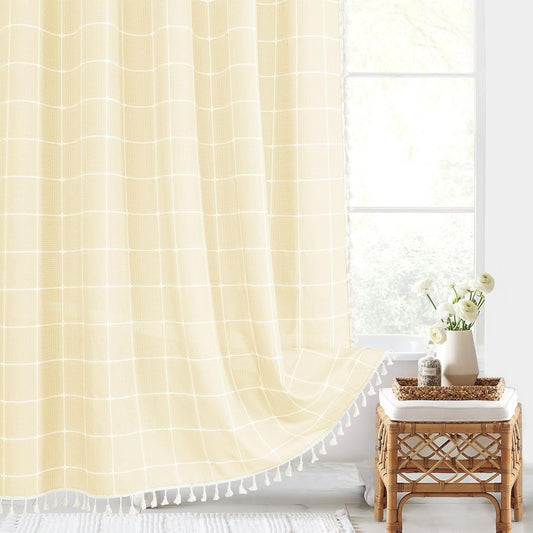 Yellow Cream Boho Farmhouse Shower Curtain with Tassels, Rustic Cottagecore Aesthetic Bohemian Chic Modern Bathroom Decor Thick Waffle Textured Fabric Shower Curtain Set with Hooks, 72x72