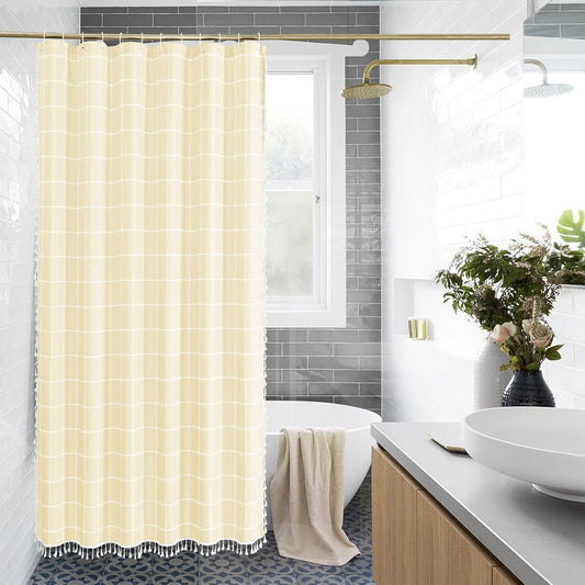 Yellow Cream Boho Farmhouse Shower Curtain with Tassels, Rustic Cottagecore Aesthetic Bohemian Chic Modern Bathroom Decor Thick Waffle Textured Fabric Shower Curtain Set with Hooks, 72x72