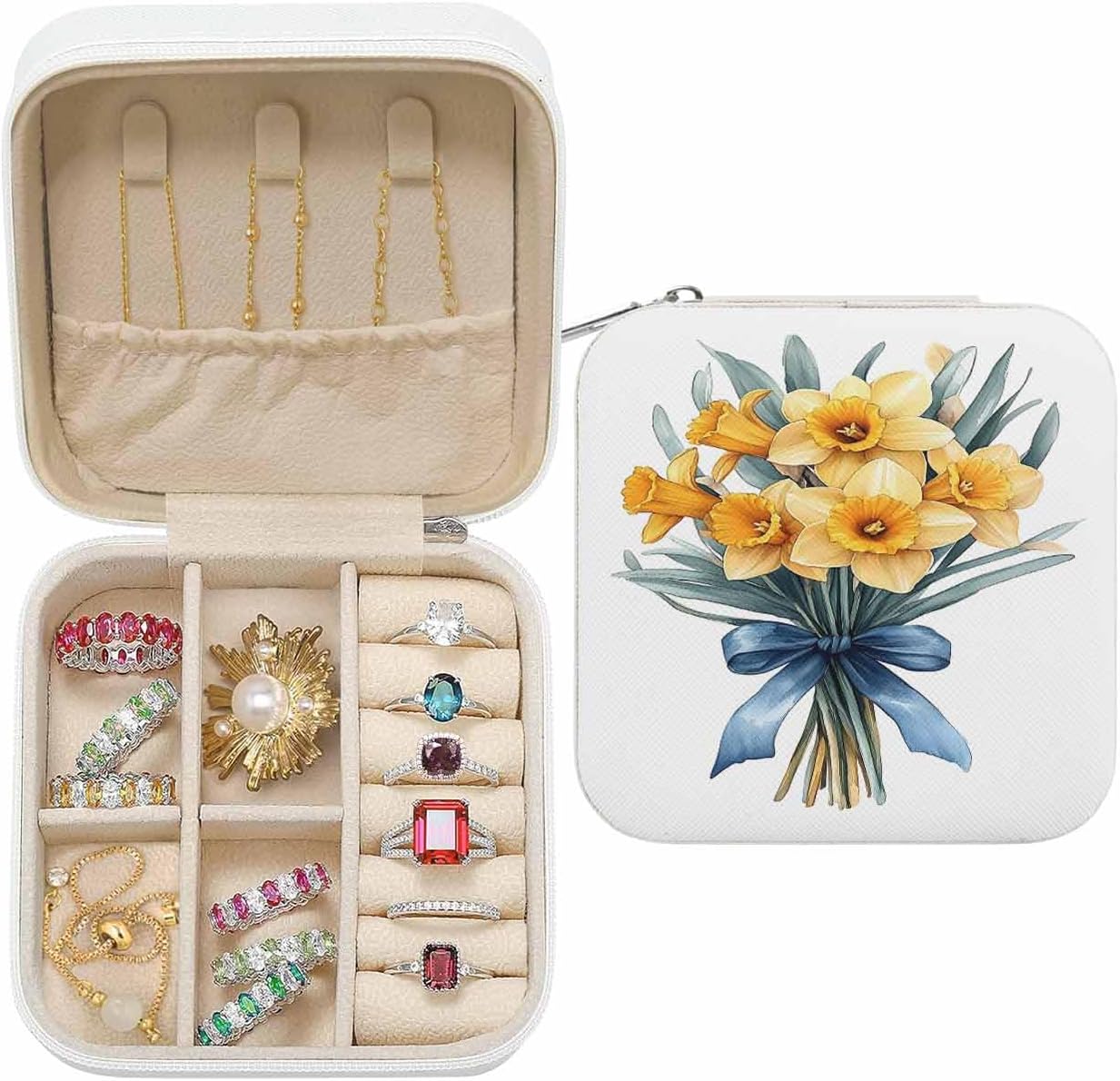 Spring Floral Jewelry Box Travel Jewelry Organizer Case with Velvet Yellow Botanical Blossom Motif Portable Leather Ring Gift Box Cases for Women Mom Necklace 3.9" x 3.9" x 2"