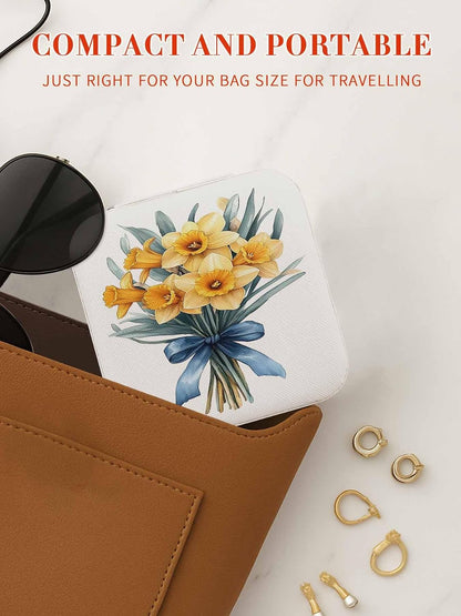 Spring Floral Jewelry Box Travel Jewelry Organizer Case with Velvet Yellow Botanical Blossom Motif Portable Leather Ring Gift Box Cases for Women Mom Necklace 3.9" x 3.9" x 2"