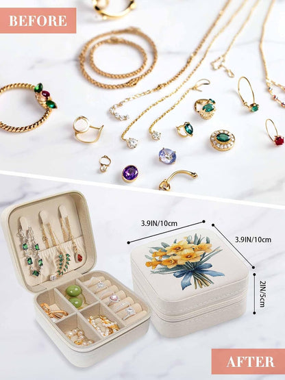 Spring Floral Jewelry Box Travel Jewelry Organizer Case with Velvet Yellow Botanical Blossom Motif Portable Leather Ring Gift Box Cases for Women Mom Necklace 3.9" x 3.9" x 2"