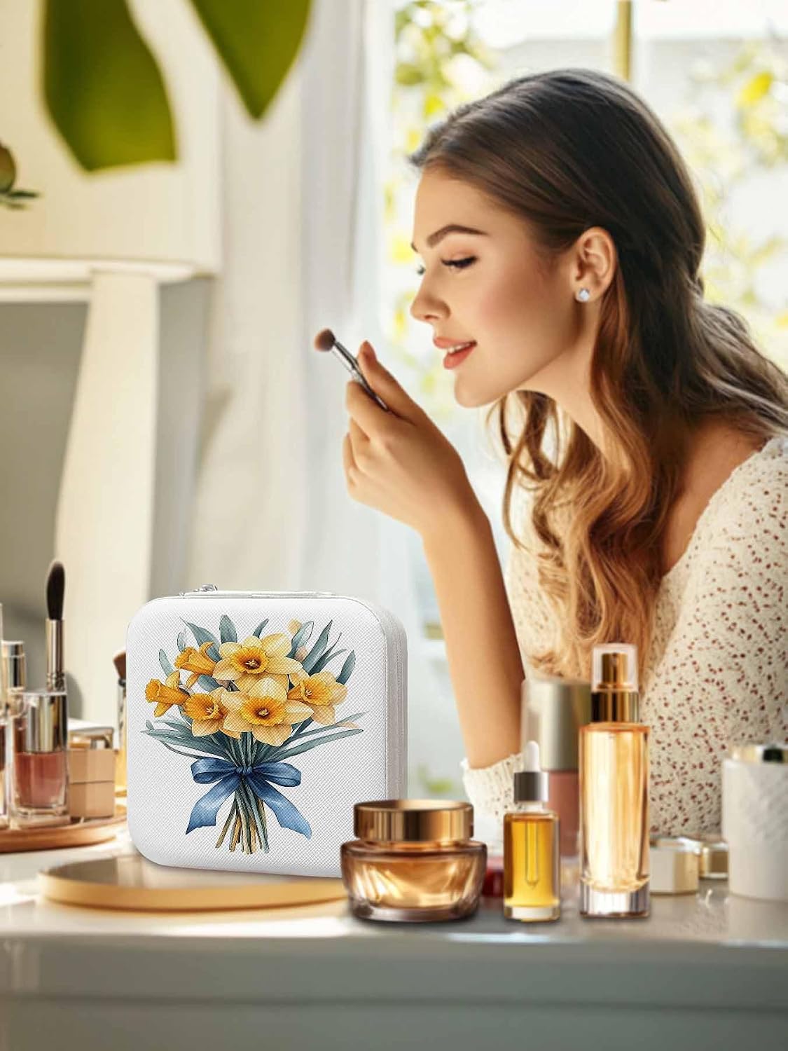 Spring Floral Jewelry Box Travel Jewelry Organizer Case with Velvet Yellow Botanical Blossom Motif Portable Leather Ring Gift Box Cases for Women Mom Necklace 3.9" x 3.9" x 2"