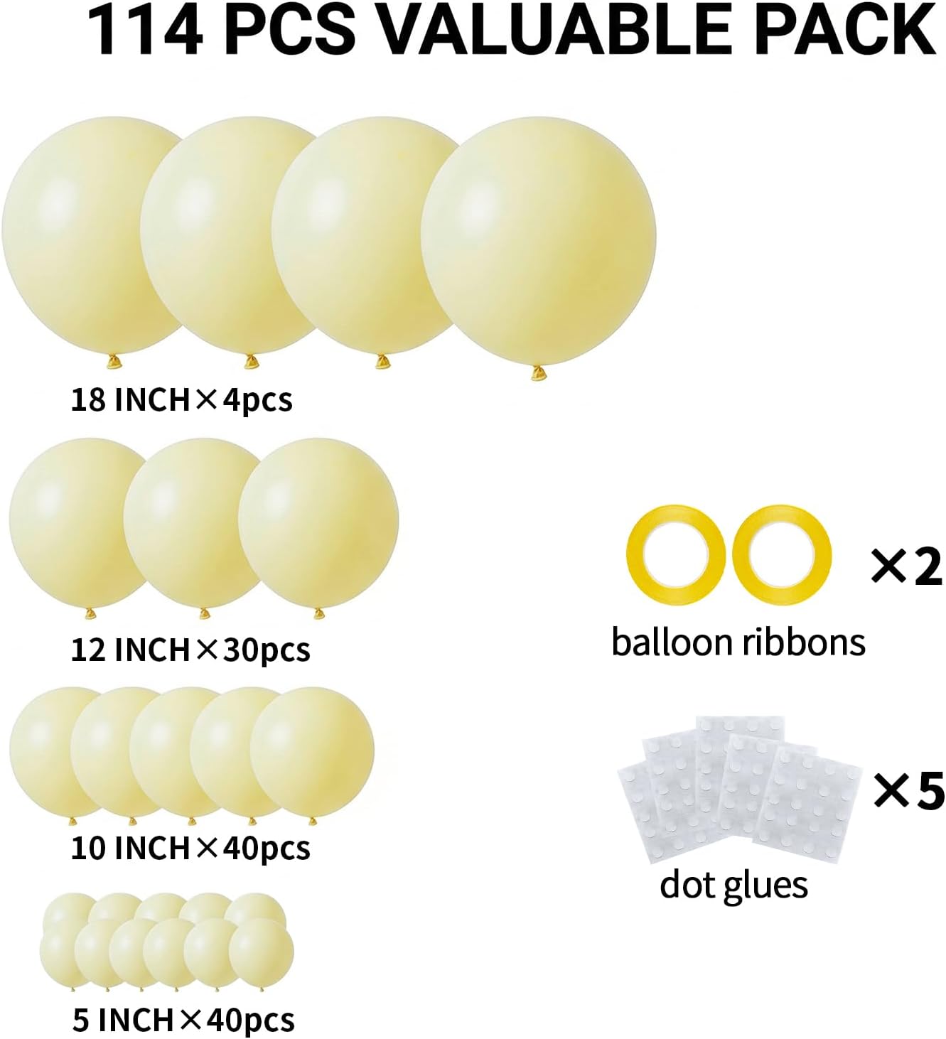 Pastel Yellow Balloons, 114pcs Light Yellow Balloons Garland Arch Kit | 18 12 10 5 inch Pale Yellow Balloon for Sunshine Baby Shower, Bee Theme Birthday, Gender Reveal