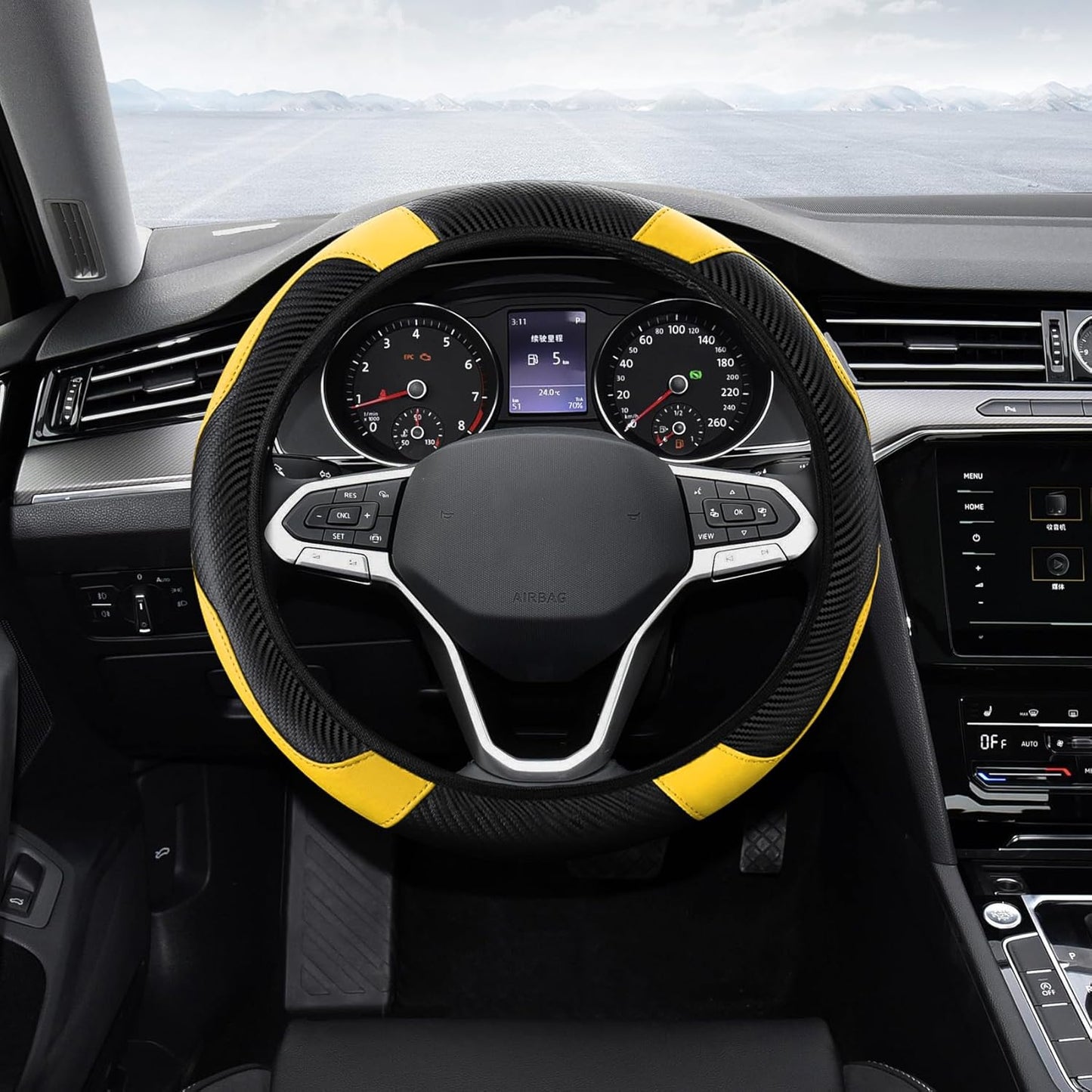 Car Steering Wheel Cover, Steering Wheel Protector, Universal 14.5-15 Inch Microfiber Leather Breathable Auto Steering Wheel Covers, Carbon Fiber Steering Wheel Cover for Women Men (Yellow)