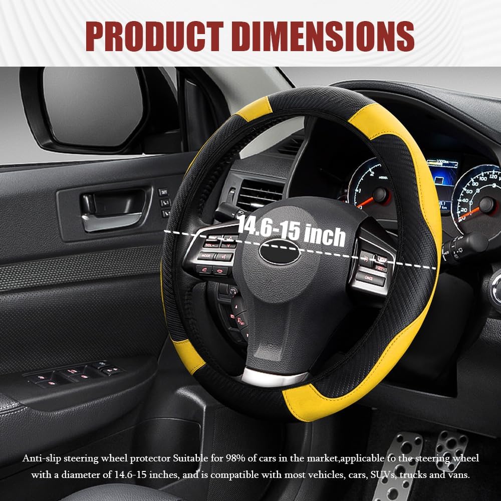 Car Steering Wheel Cover, Steering Wheel Protector, Universal 14.5-15 Inch Microfiber Leather Breathable Auto Steering Wheel Covers, Carbon Fiber Steering Wheel Cover for Women Men (Yellow)