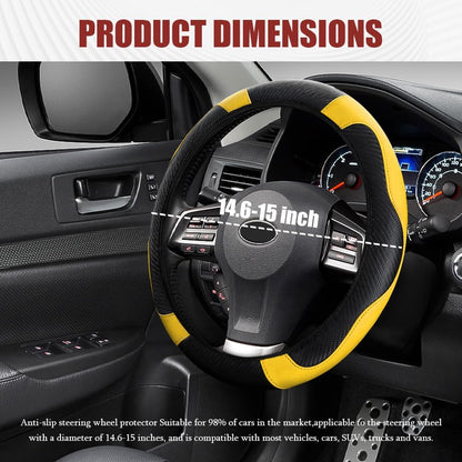 Car Steering Wheel Cover, Steering Wheel Protector, Universal 14.5-15 Inch Microfiber Leather Breathable Auto Steering Wheel Covers, Carbon Fiber Steering Wheel Cover for Women Men (Yellow)