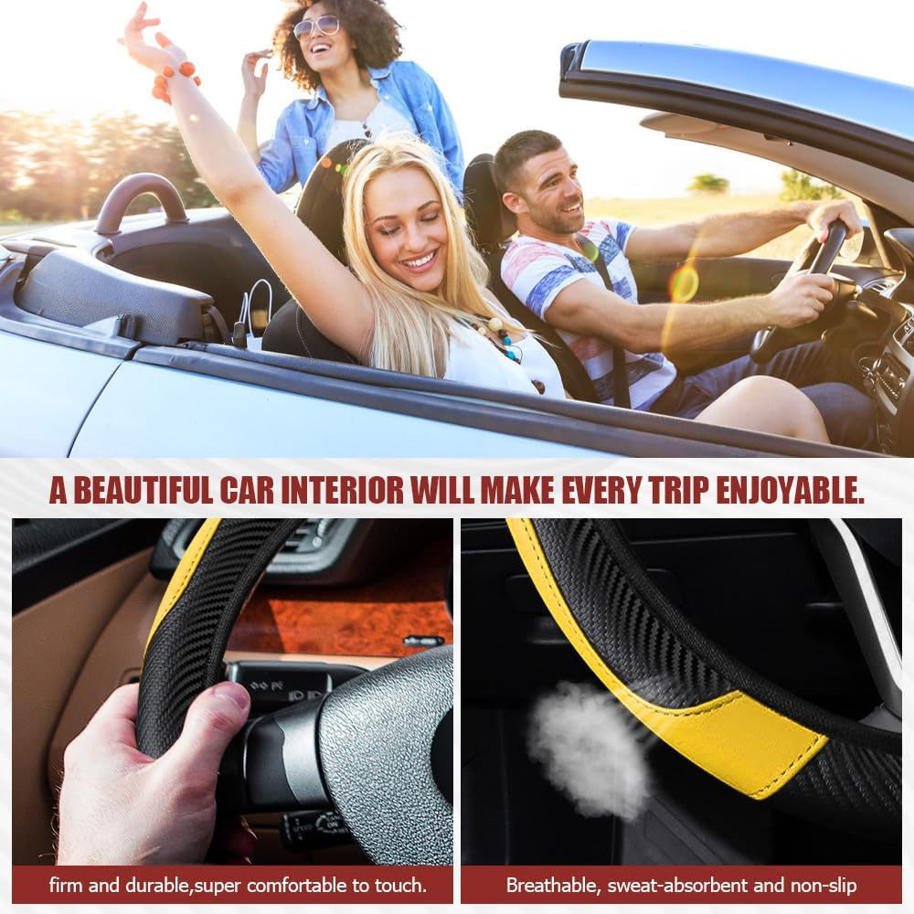 Car Steering Wheel Cover, Steering Wheel Protector, Universal 14.5-15 Inch Microfiber Leather Breathable Auto Steering Wheel Covers, Carbon Fiber Steering Wheel Cover for Women Men (Yellow)
