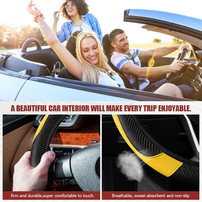 Car Steering Wheel Cover, Steering Wheel Protector, Universal 14.5-15 Inch Microfiber Leather Breathable Auto Steering Wheel Covers, Carbon Fiber Steering Wheel Cover for Women Men (Yellow)
