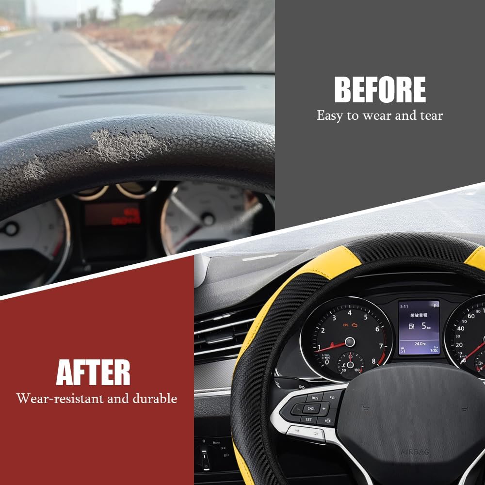 Car Steering Wheel Cover, Steering Wheel Protector, Universal 14.5-15 Inch Microfiber Leather Breathable Auto Steering Wheel Covers, Carbon Fiber Steering Wheel Cover for Women Men (Yellow)