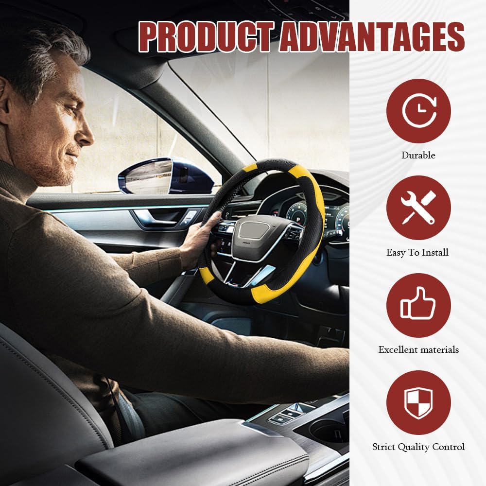 Car Steering Wheel Cover, Steering Wheel Protector, Universal 14.5-15 Inch Microfiber Leather Breathable Auto Steering Wheel Covers, Carbon Fiber Steering Wheel Cover for Women Men (Yellow)