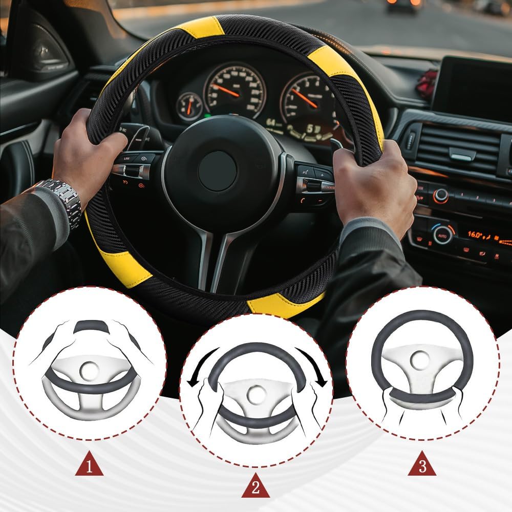 Car Steering Wheel Cover, Steering Wheel Protector, Universal 14.5-15 Inch Microfiber Leather Breathable Auto Steering Wheel Covers, Carbon Fiber Steering Wheel Cover for Women Men (Yellow)
