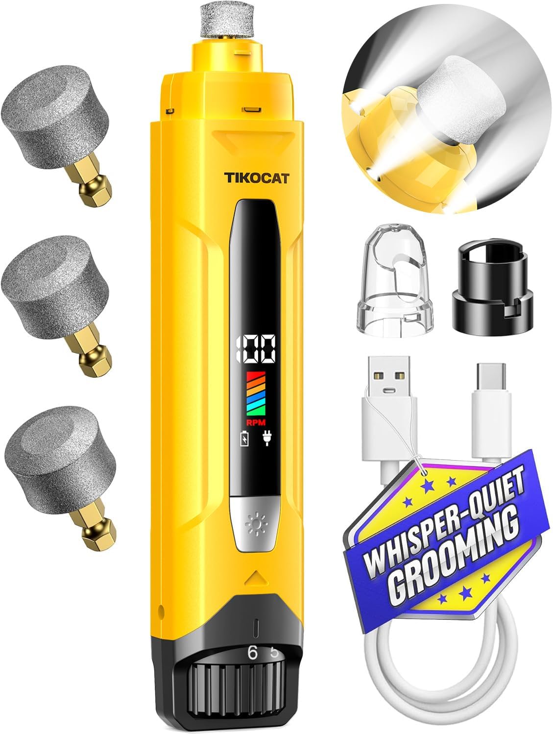 Whisper-Quiet Dog Nail Grinder 50% More Powerful for Sensitive Dogs,Cats | 6-Speed Pet Nail Trimmer with LED Display & 4 LED Lights, 3 Grinding Bits, No Over-Cutting,Stress-Free Grooming for All Pets
