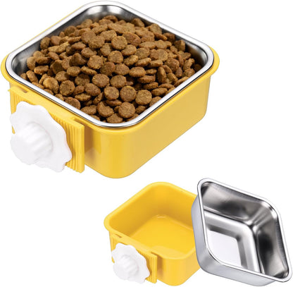 Crate Dog Bowl, Removable Stainless Steel Pet Cage Hanging Anti-Overturn Food Water Feeder Cage Cup (Square, Yellow, 11.1oz), Intended for Puppies/Cat/Rabbit/Bird