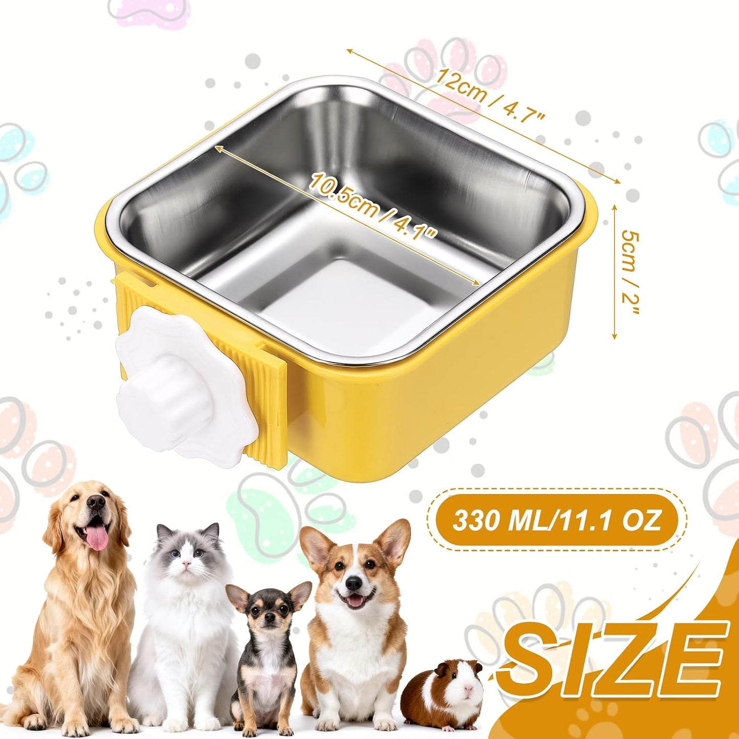 Crate Dog Bowl, Removable Stainless Steel Pet Cage Hanging Anti-Overturn Food Water Feeder Cage Cup (Square, Yellow, 11.1oz), Intended for Puppies/Cat/Rabbit/Bird