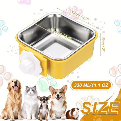 Crate Dog Bowl, Removable Stainless Steel Pet Cage Hanging Anti-Overturn Food Water Feeder Cage Cup (Square, Yellow, 11.1oz), Intended for Puppies/Cat/Rabbit/Bird