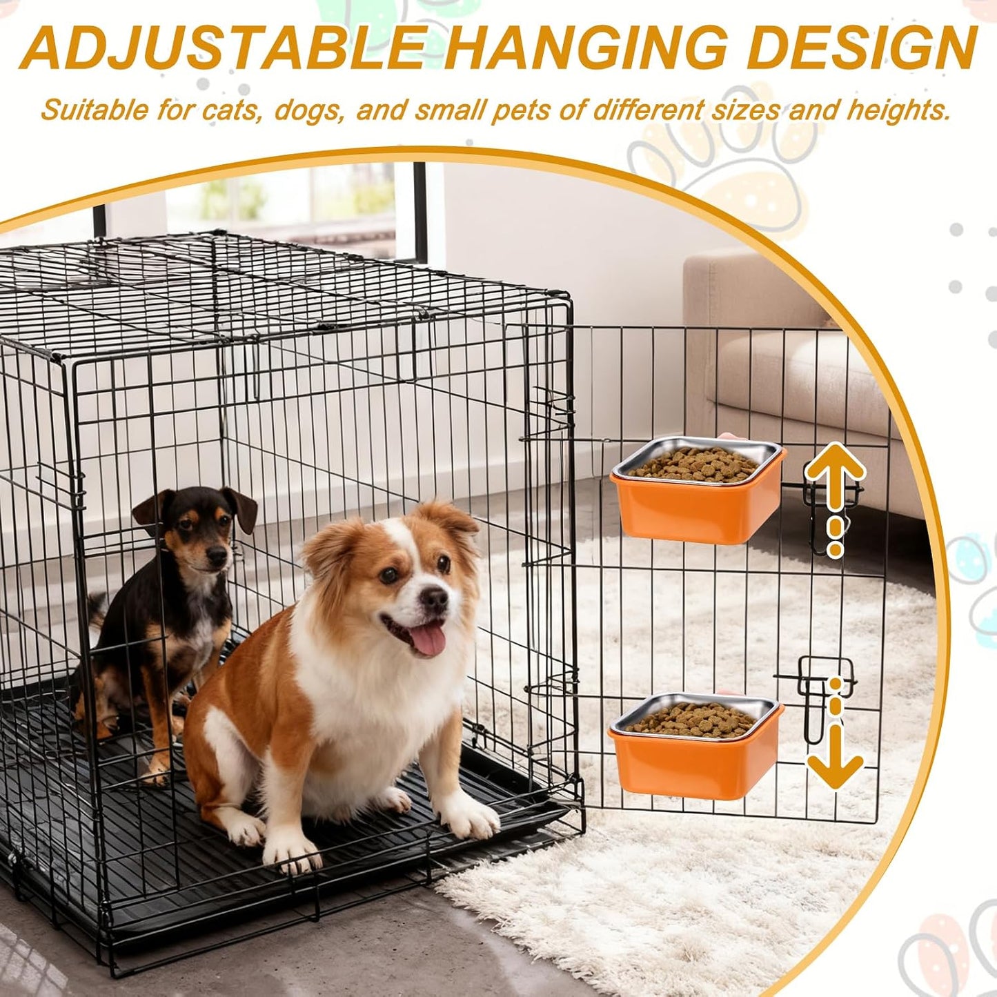 Crate Dog Bowl, Removable Stainless Steel Pet Cage Hanging Anti-Overturn Food Water Feeder Cage Cup (Square, Yellow, 11.1oz), Intended for Puppies/Cat/Rabbit/Bird