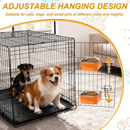 Crate Dog Bowl, Removable Stainless Steel Pet Cage Hanging Anti-Overturn Food Water Feeder Cage Cup (Square, Yellow, 11.1oz), Intended for Puppies/Cat/Rabbit/Bird