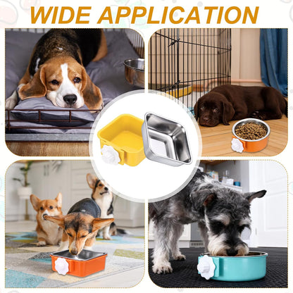 Crate Dog Bowl, Removable Stainless Steel Pet Cage Hanging Anti-Overturn Food Water Feeder Cage Cup (Square, Yellow, 11.1oz), Intended for Puppies/Cat/Rabbit/Bird