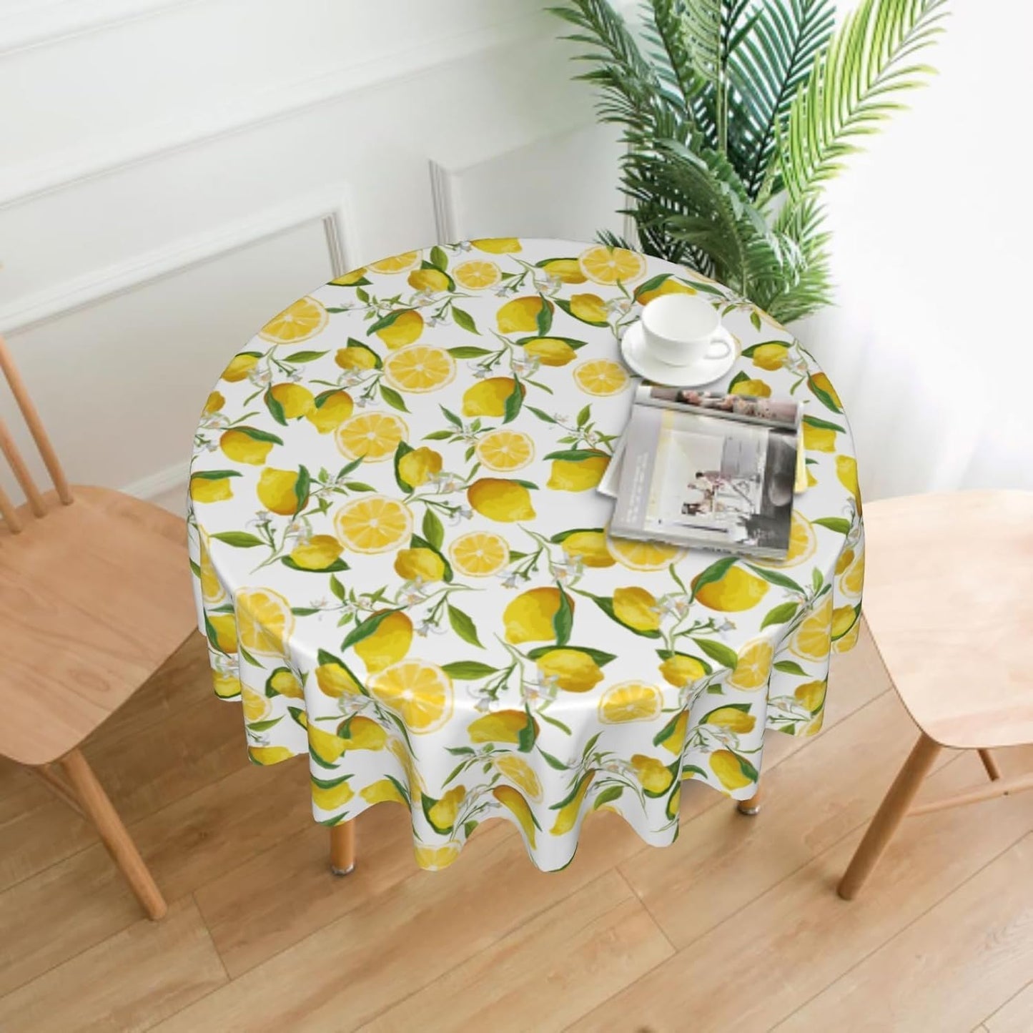 Lemon Tablecloth 60 Inch Round Spring Summer Table Cloth Water-Resistant Spill-Proof Washable Fabric Table Cover for Kitchen Dining Party Picnic Indoor Outdoor