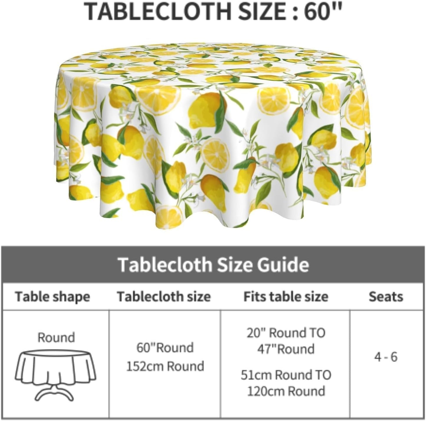 Lemon Tablecloth 60 Inch Round Spring Summer Table Cloth Water-Resistant Spill-Proof Washable Fabric Table Cover for Kitchen Dining Party Picnic Indoor Outdoor