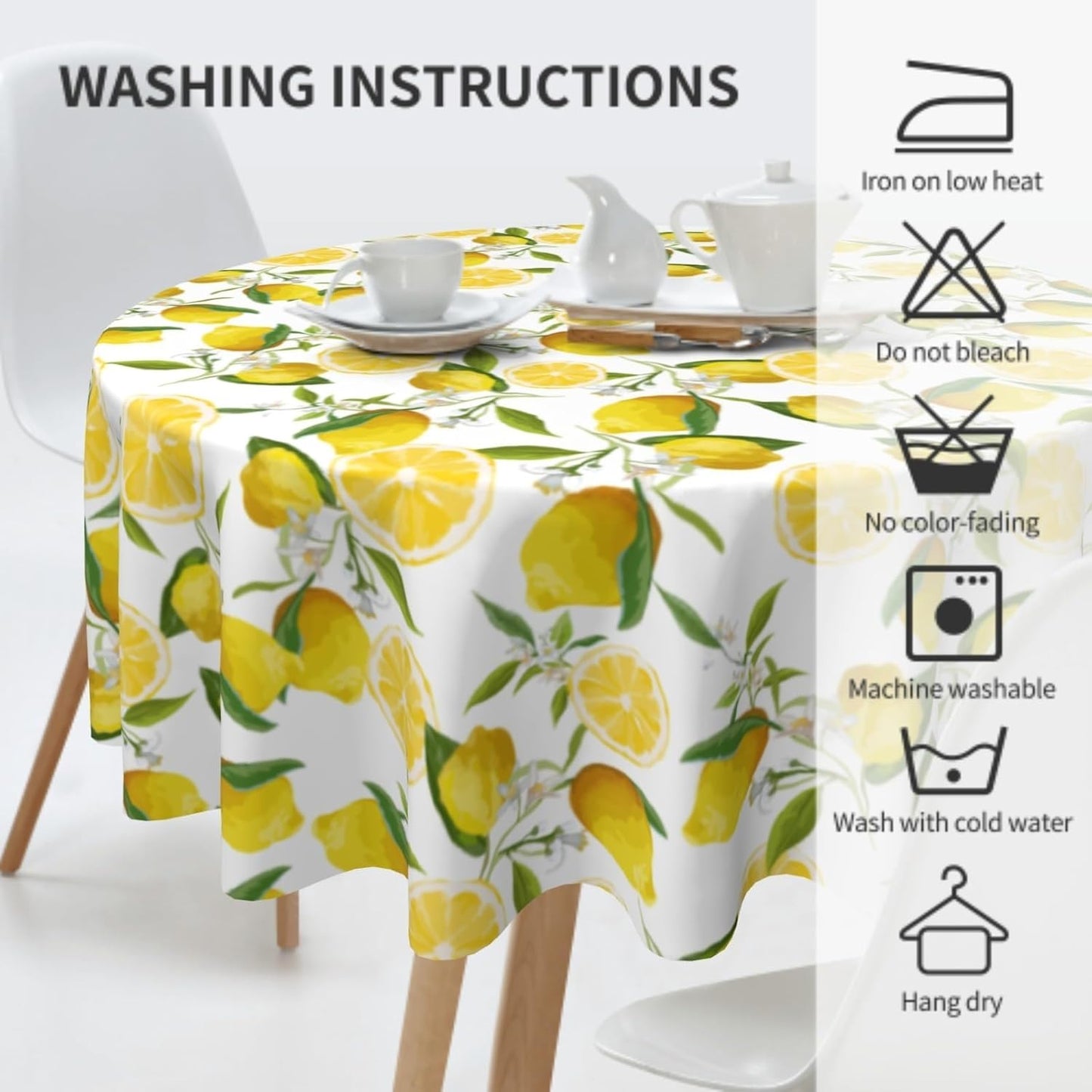 Lemon Tablecloth 60 Inch Round Spring Summer Table Cloth Water-Resistant Spill-Proof Washable Fabric Table Cover for Kitchen Dining Party Picnic Indoor Outdoor