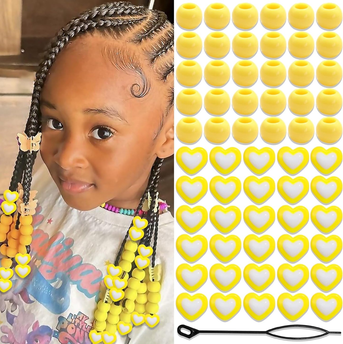 60PCS Yellow Hair Beads for Braids Heart Pony Loc Dreadlock Beads Round Bead Acrylic Braids Jewelry for Kids Girls Cute Hair Accessories Christmas