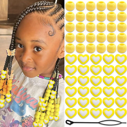 60PCS Yellow Hair Beads for Braids Heart Pony Loc Dreadlock Beads Round Bead Acrylic Braids Jewelry for Kids Girls Cute Hair Accessories Christmas