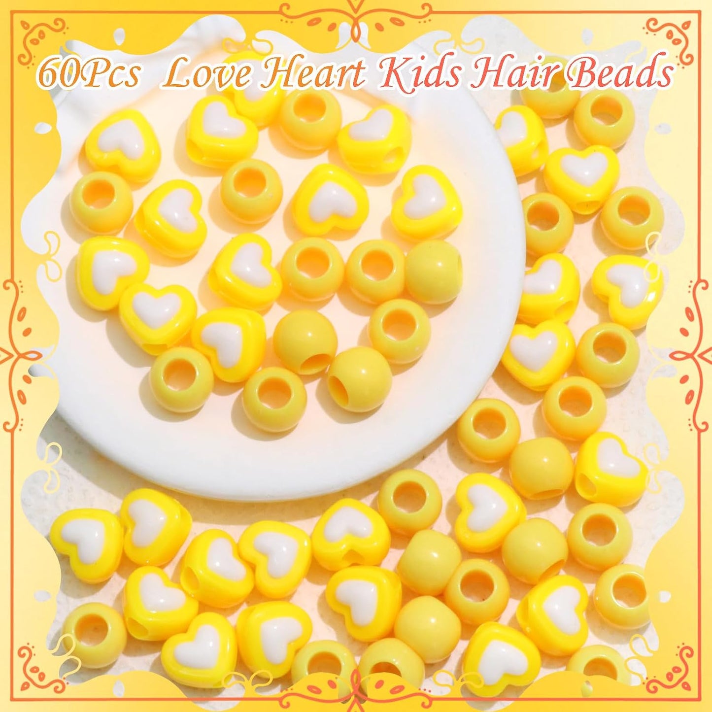60PCS Yellow Hair Beads for Braids Heart Pony Loc Dreadlock Beads Round Bead Acrylic Braids Jewelry for Kids Girls Cute Hair Accessories Christmas