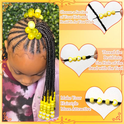 60PCS Yellow Hair Beads for Braids Heart Pony Loc Dreadlock Beads Round Bead Acrylic Braids Jewelry for Kids Girls Cute Hair Accessories Christmas