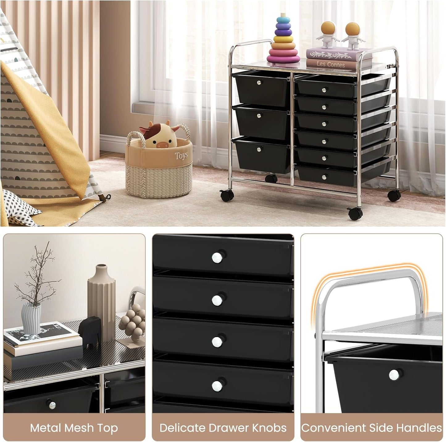 15 Drawer Rolling Storage Cart, Mobile Drawer Carts for Craft Art Supply Paper Salon, Utility Cart on Wheels for Classroom Teacher School Office, Rolling Cart with Drawers (Yellow)