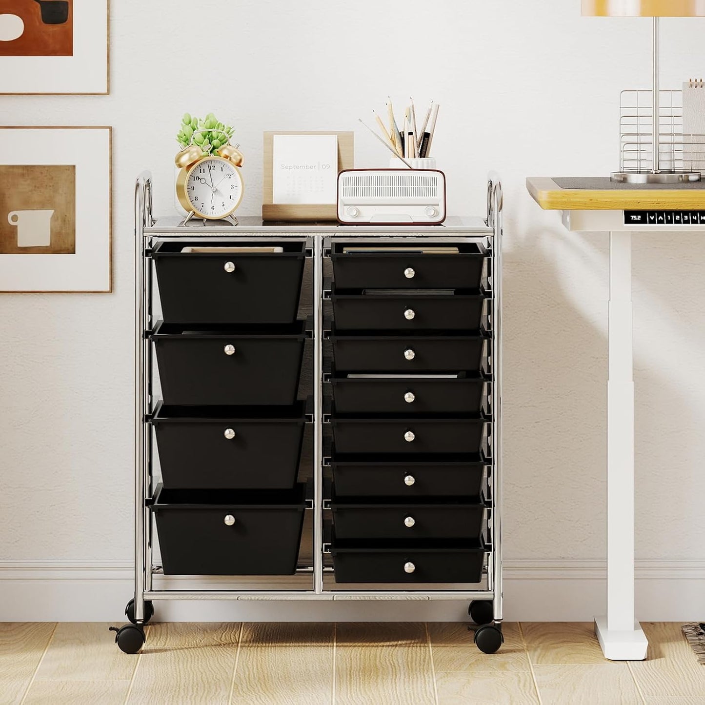15 Drawer Rolling Storage Cart, Mobile Drawer Carts for Craft Art Supply Paper Salon, Utility Cart on Wheels for Classroom Teacher School Office, Rolling Cart with Drawers (Yellow)
