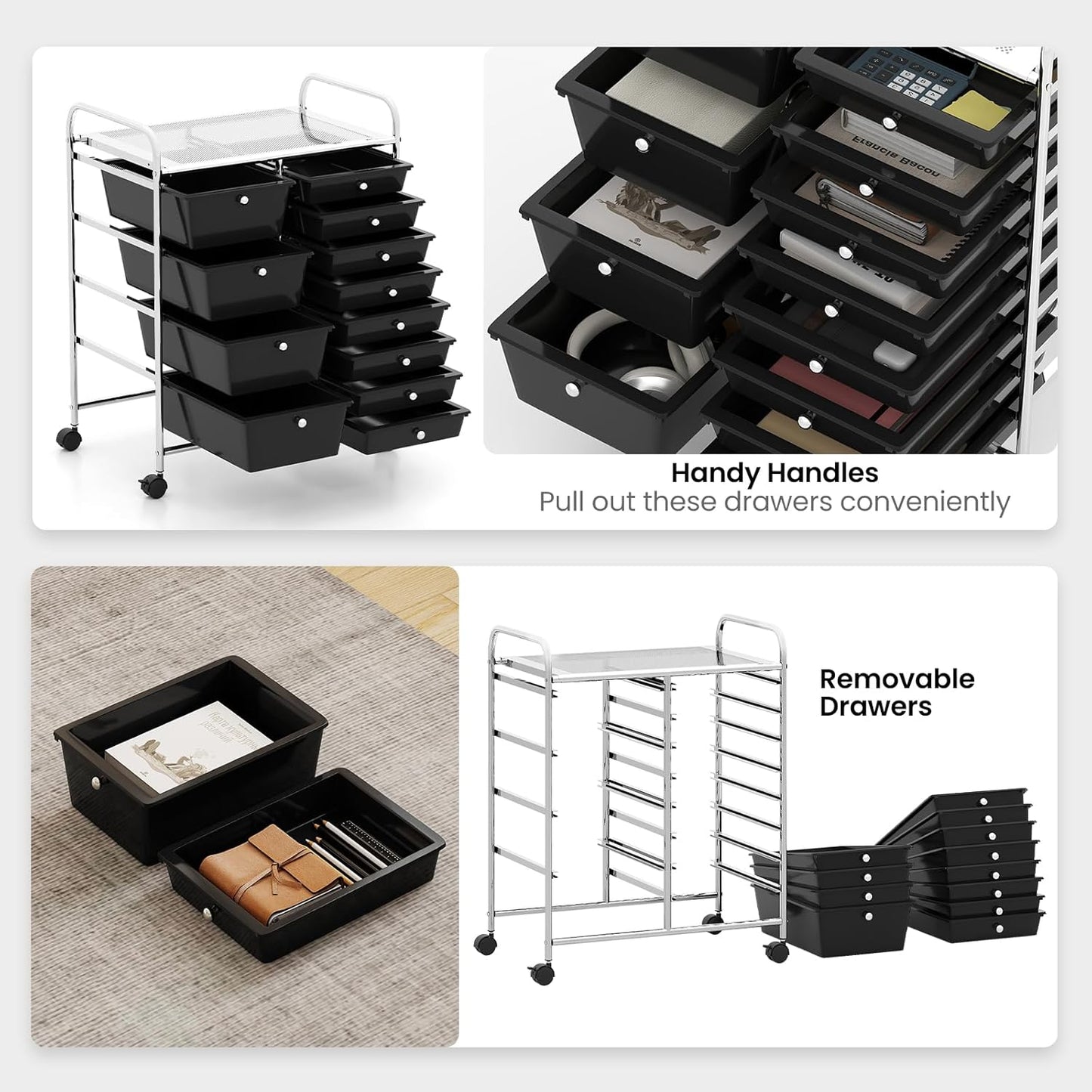 15 Drawer Rolling Storage Cart, Mobile Drawer Carts for Craft Art Supply Paper Salon, Utility Cart on Wheels for Classroom Teacher School Office, Rolling Cart with Drawers (Yellow)